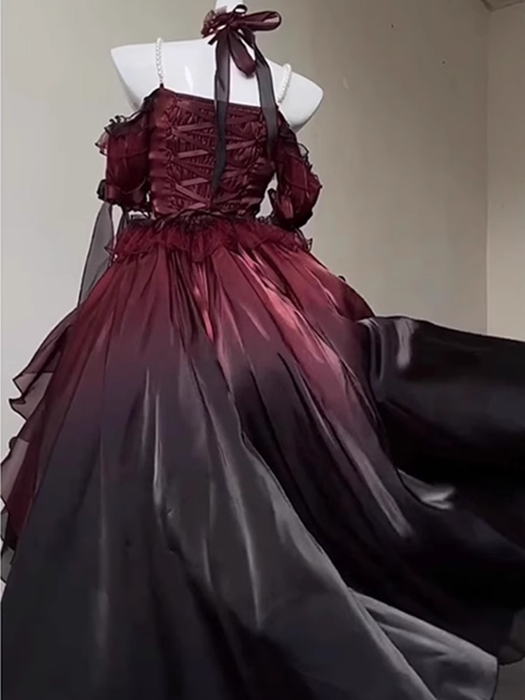 Chic High-Low Halter Burgundy Organza Party Dresses Birthday Outfits - View 4 | FashionDia