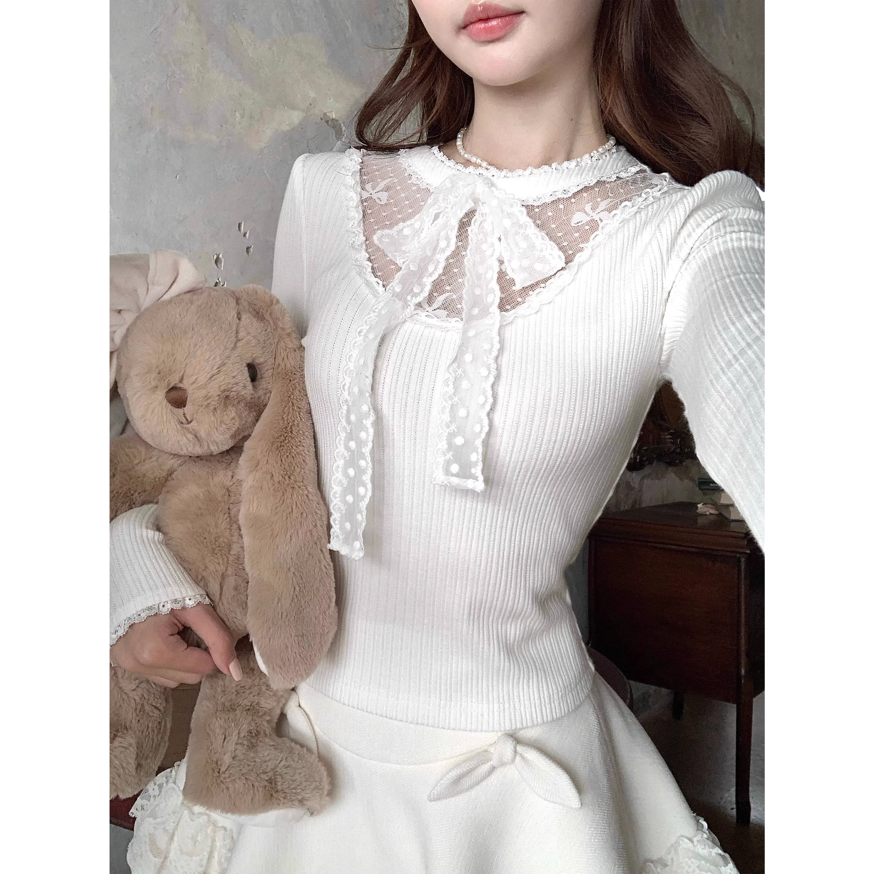 Lace Fitted Knit Sweater Top - FashionDia