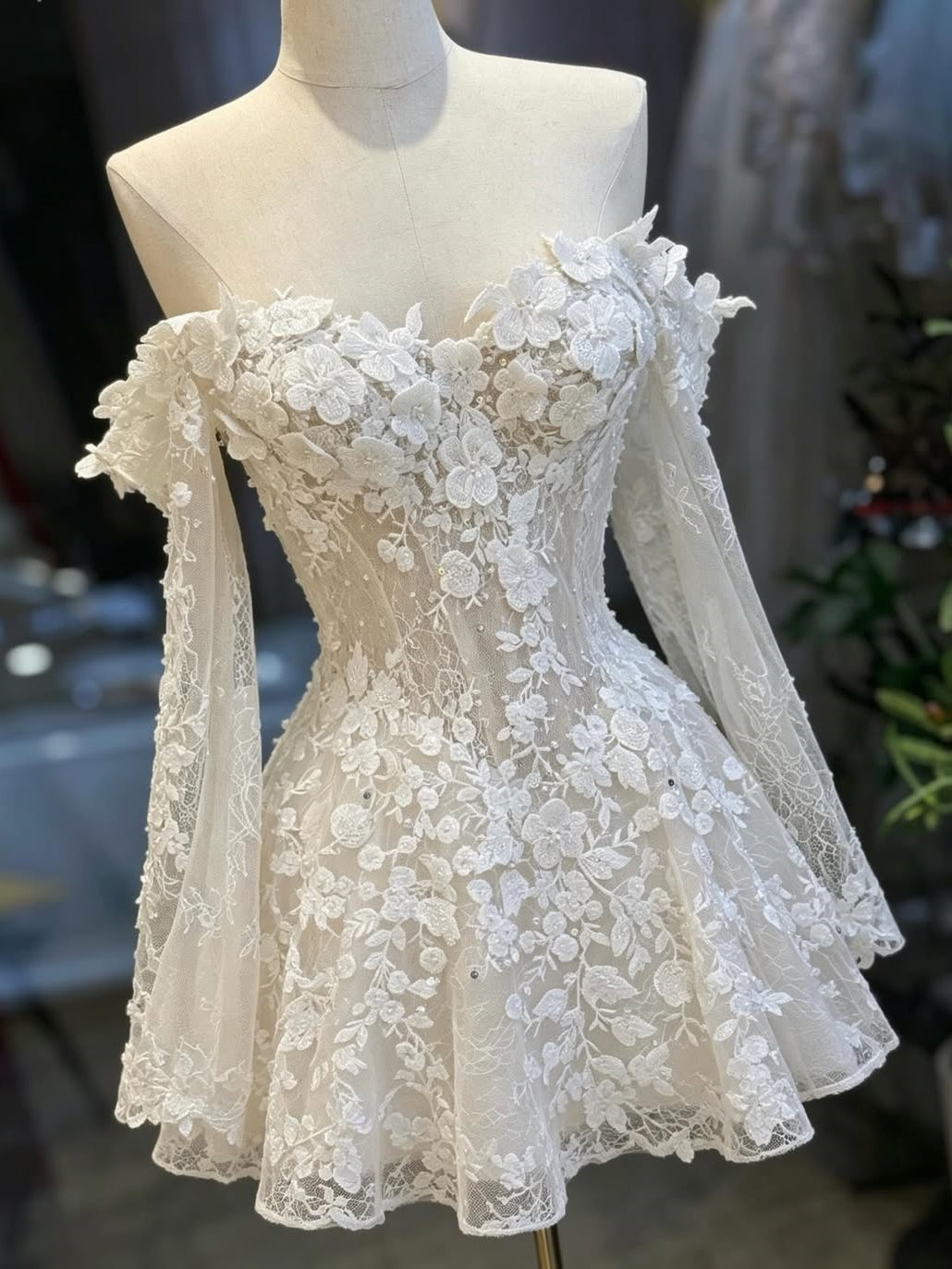 3D Floral Lace Off-Shoulder Long Sleeves Short Mini Bridal Dress