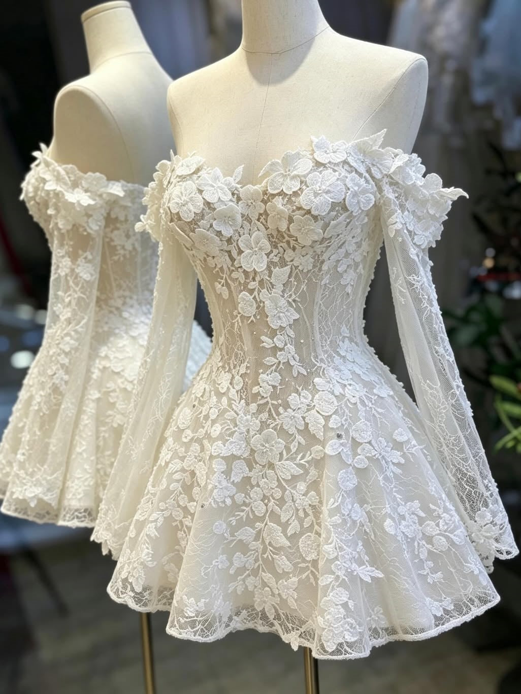 3D Floral Lace Off-Shoulder Long Sleeves Short Mini Bridal Dress