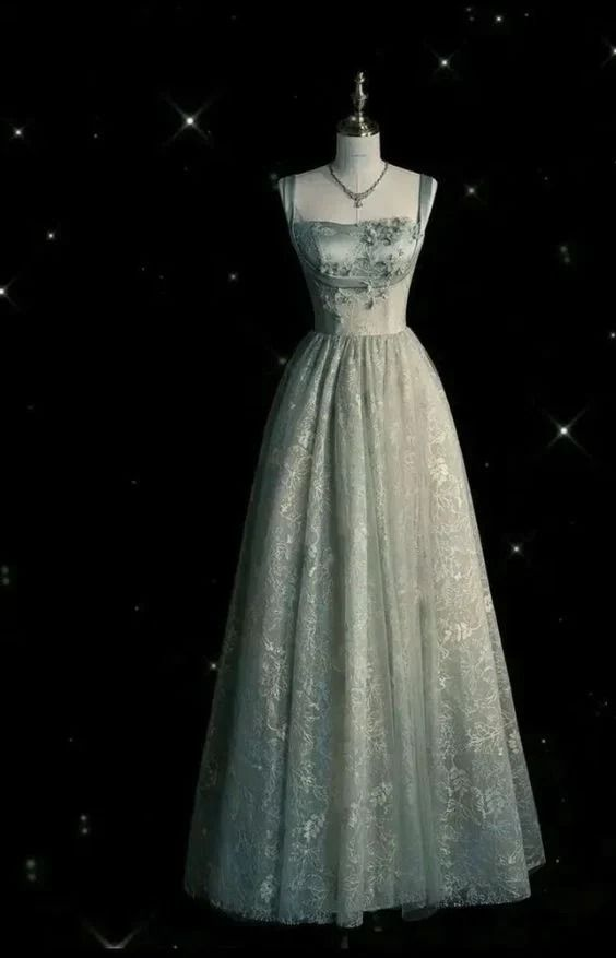 Fashion Lace Evening Gown Sage Green Long A-Line Party Prom Dress - FashionDia