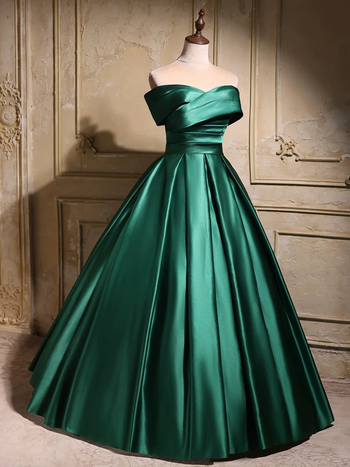 Elegant Emerald Green Satin Off-Shoulder Prom Dress, Long A-Line Formal Dress - View 5 | VelvetHem