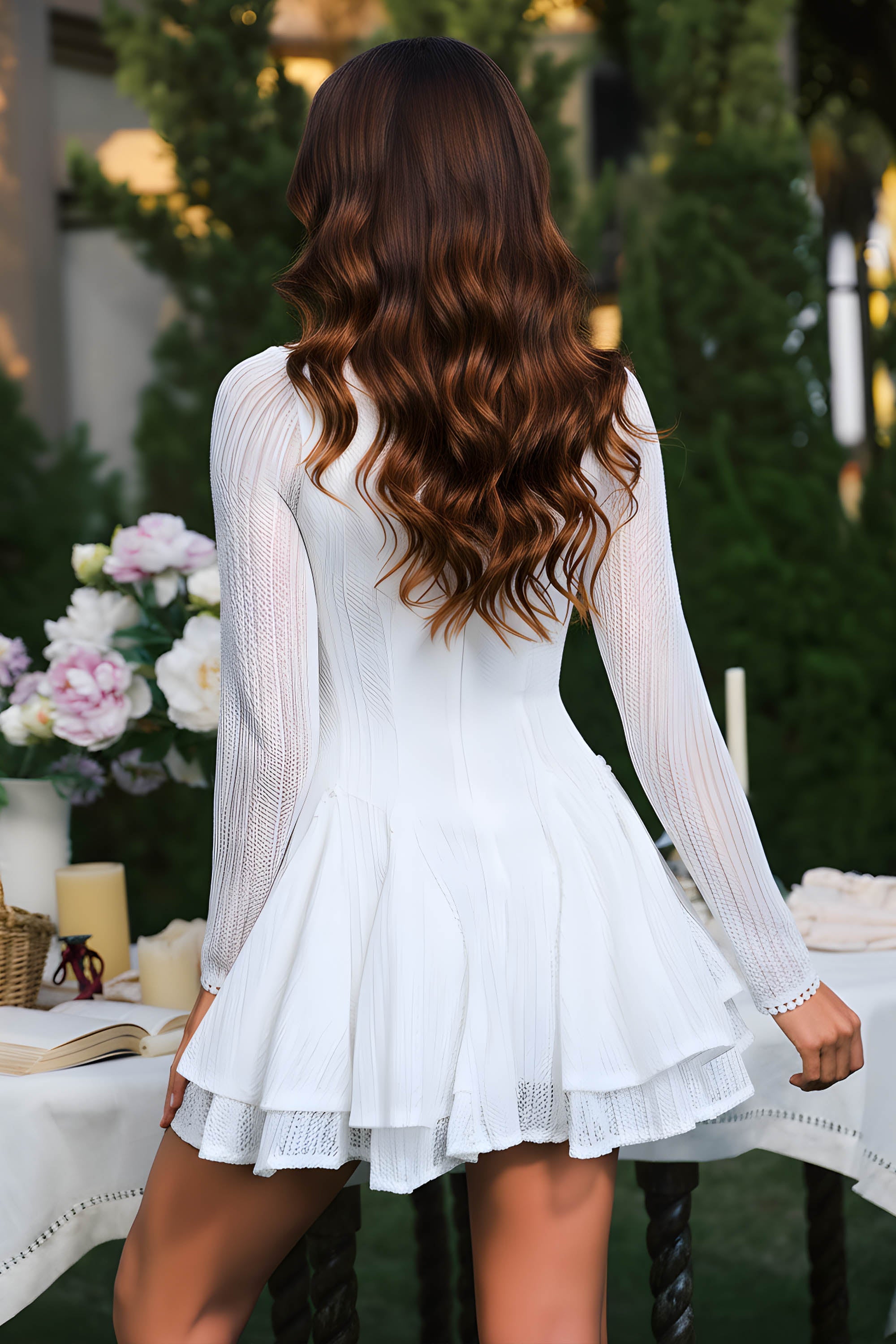 Long Sleeve Ribbed Knit Flared Mini Dress With Layered Hem