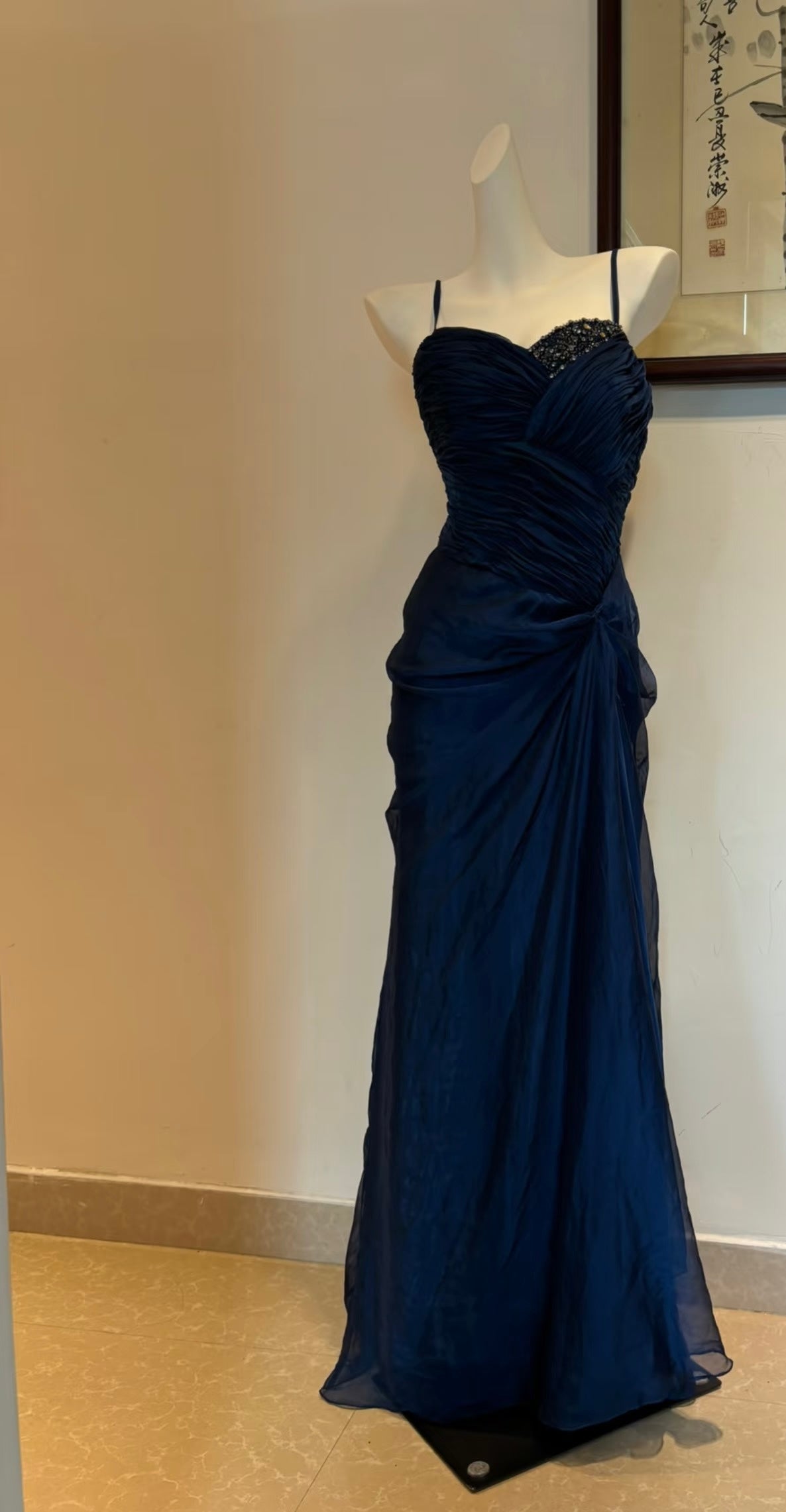 Spaghetti Straps Navy Blue Long Prom Dress Beaded Evening Dress