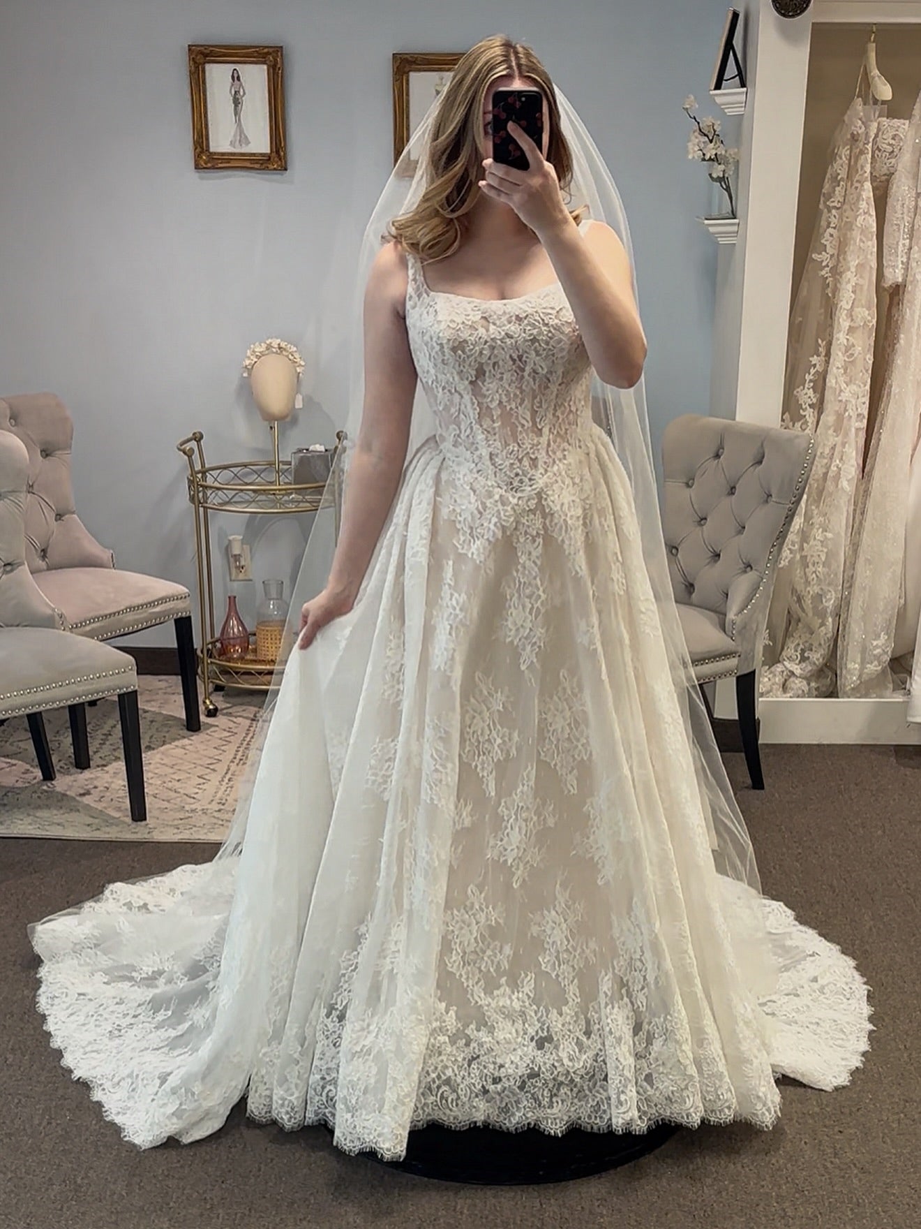 Romantic Square Neck Lace A-Line Wedding Dress With Long Train