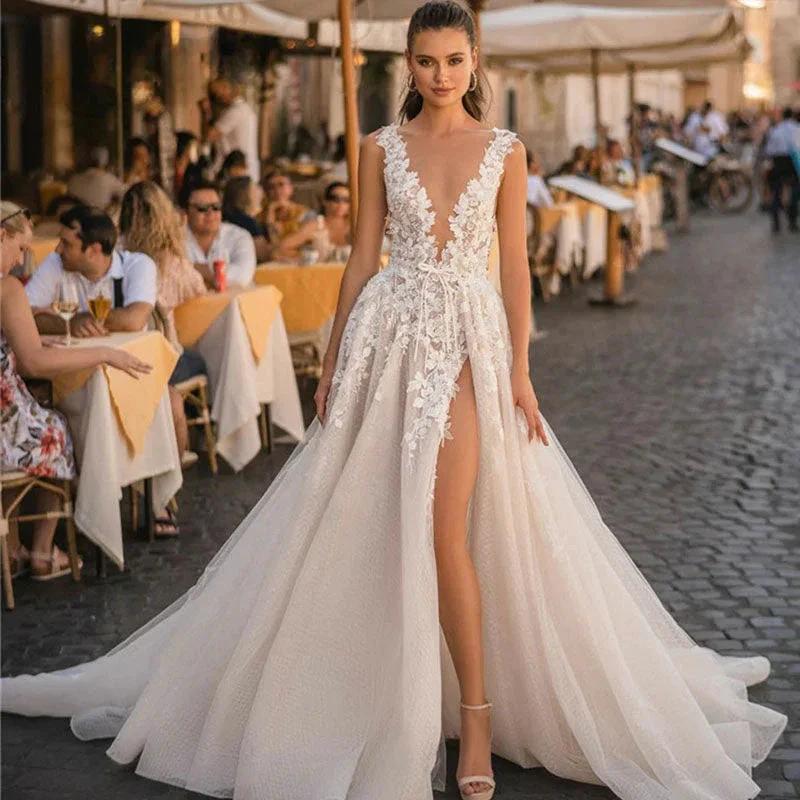 Boho Wedding Dresses For Dress Elegant A-Line Sleeveless 3D Appliqued Bride Gown Side Split Sexy Backless Dress by payinti