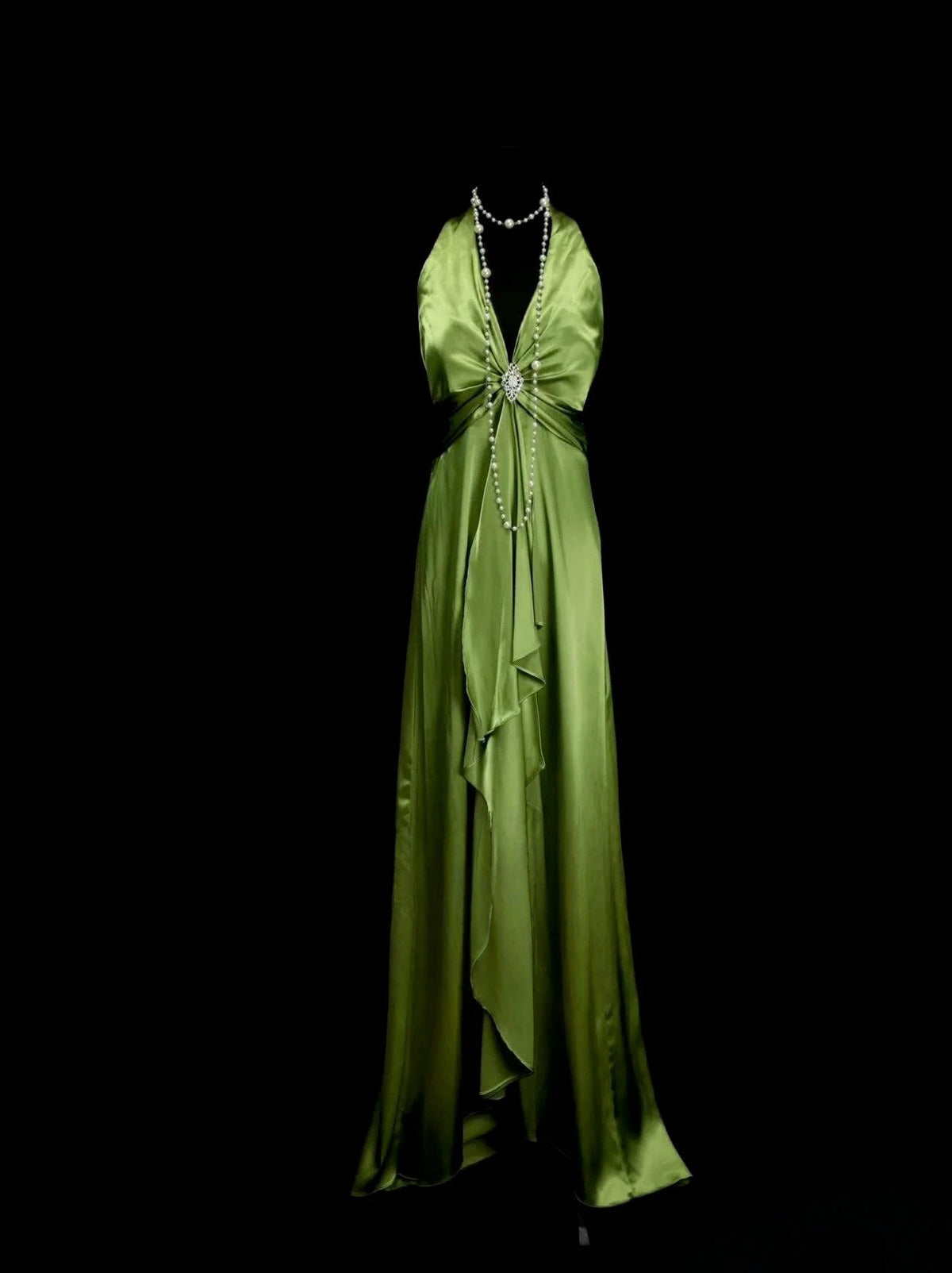 Halter Green Satin Long Prom Dress Elegant Evening Dress J7992