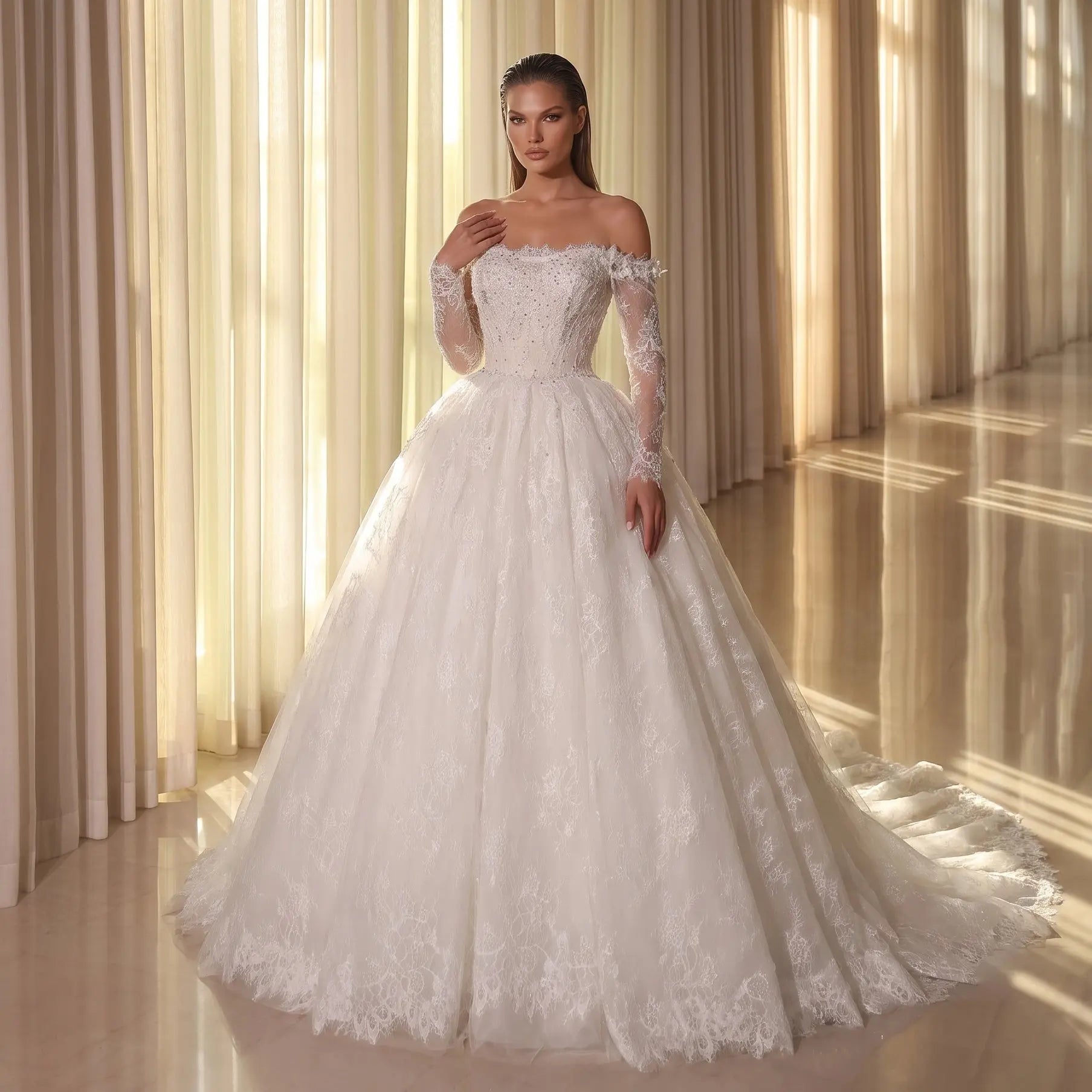 White Lace and Tulle Ball Gown Wedding Dress Off the Shoulder Beaded Bridal Dress ZP013