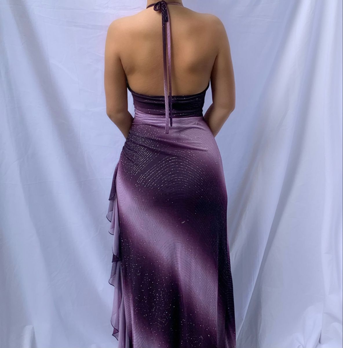 Retro Halter V-Neck Purple Ombre Chiffon Sequin Ruffles Long Prom Dress Party Dress - View 3 | FashionDia