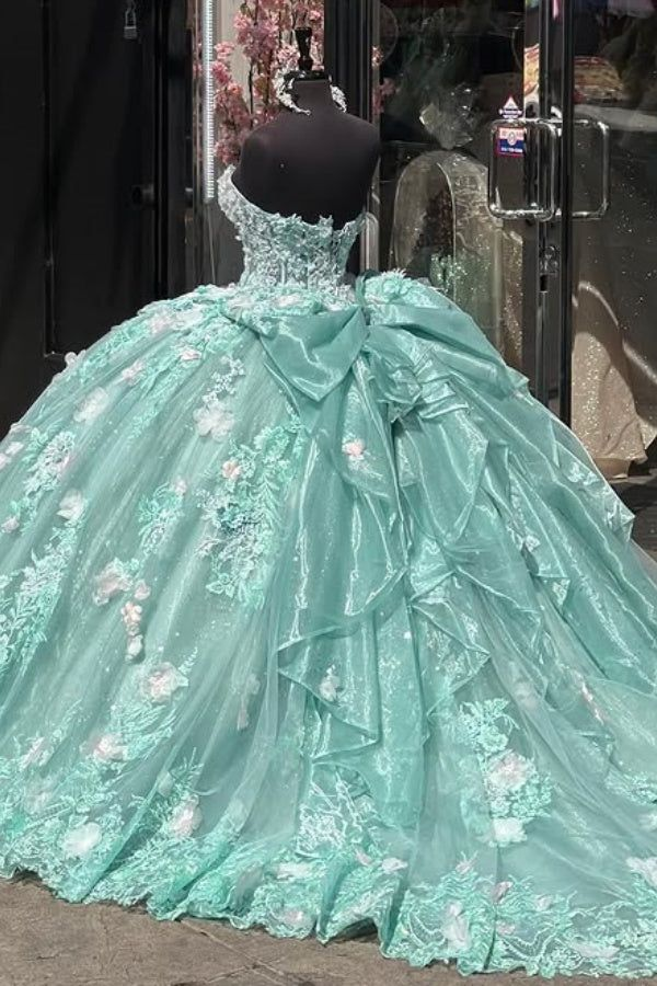 Luxury Light Green Ball Gown Sweetheart Neck Tulle Appliques Birthday Quinceanera Dress - View 2 | FashionDia