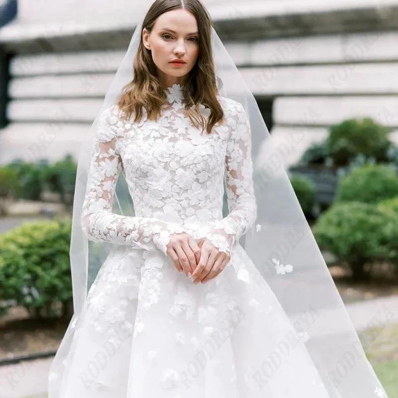 Princess Long Sleeve Wedding Dress For Women Romantic Lace High Neck Bride Party Gorgeous Applique Boho Bridal Gown (ZD13427)