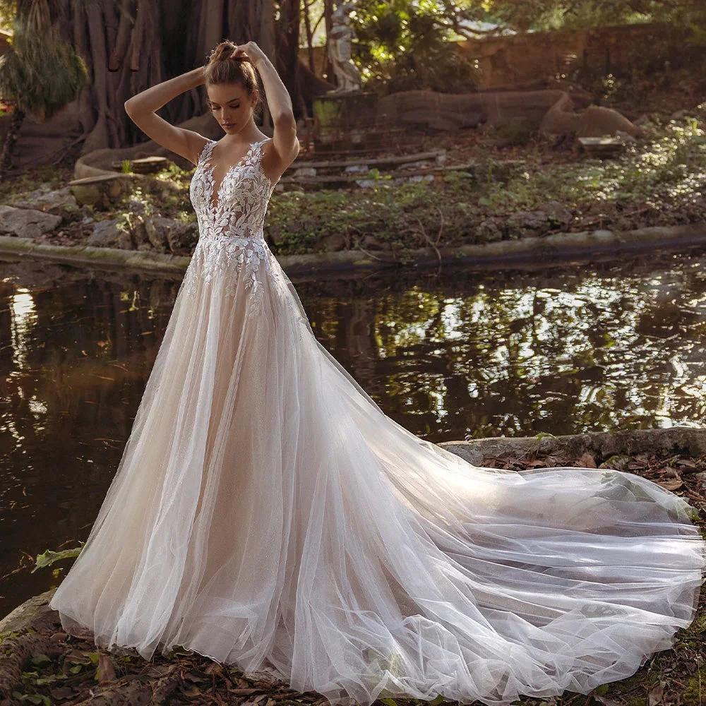 Pastrol Wedding Dress V-neck Tank Sleeveless 2023 For Women Bridal Vestidos De Noiva Custom Made Appliques Formal (ZD13479)