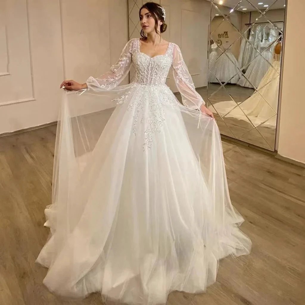 White Wedding Dresses Sweetheart Shiny Appliques Grace Bridal Gowns 2023 Puff Sleeve Tulle A-Line Princess (ZD13389)