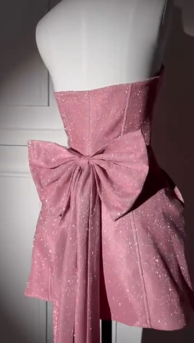 Elegant Strapless Pink Satin Sequin A Line Birthday Outfits Short Graduation Homecoming Dress With Bow D233