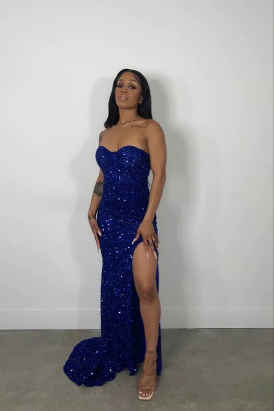 Sparkly Blue Sequins Strapless Prom Dress Slit Mermaid Party Evening Gown - FashionDia