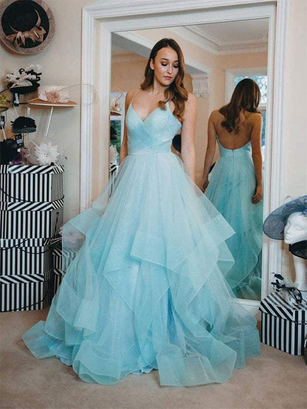 Blue A-Line Spaghetti Straps V-Neck Tulle Long Prom Dress - FashionDia