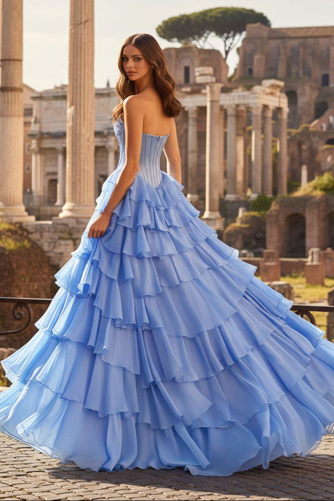 Strapless Corset Bodice Lace Appliques Chiffon Ruffle with Slit