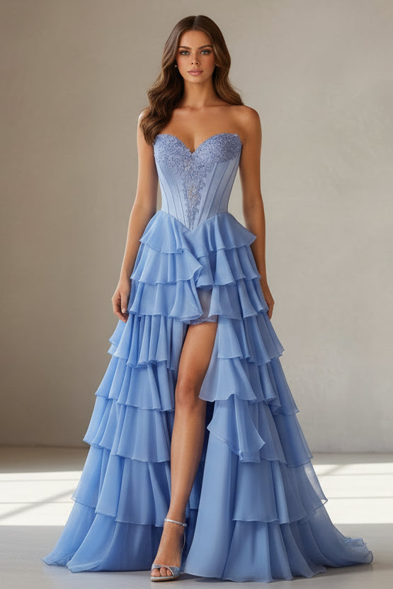 Strapless Corset Bodice Lace Appliques Chiffon Ruffle with Slit