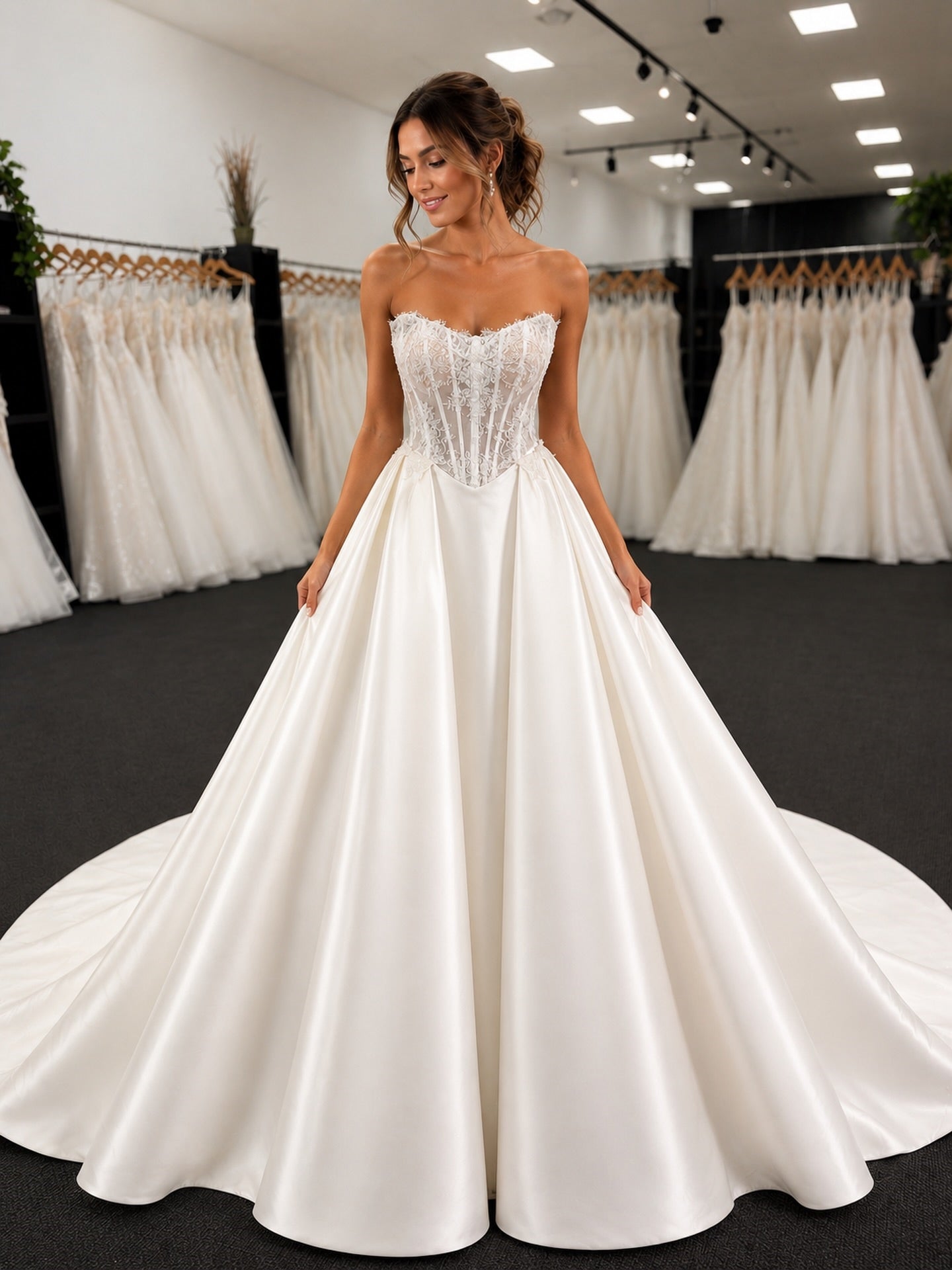 Sweetheart Sheer Lace Corset Bodice Satin Ball Gown Wedding Dress