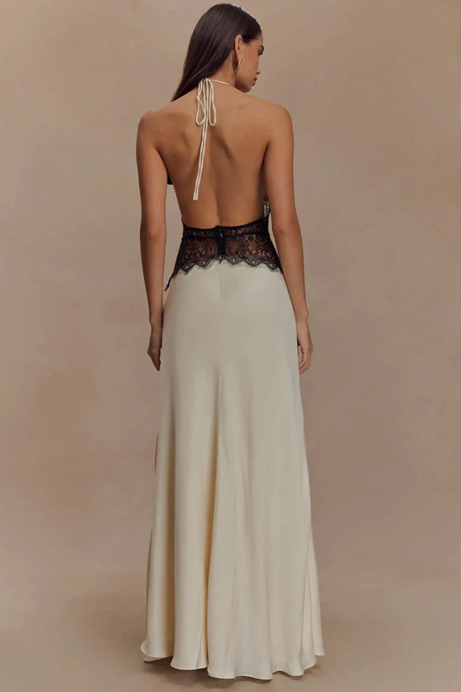 Lace Patchwork Backless Dress with Relaxed Fit and Streetwear Style