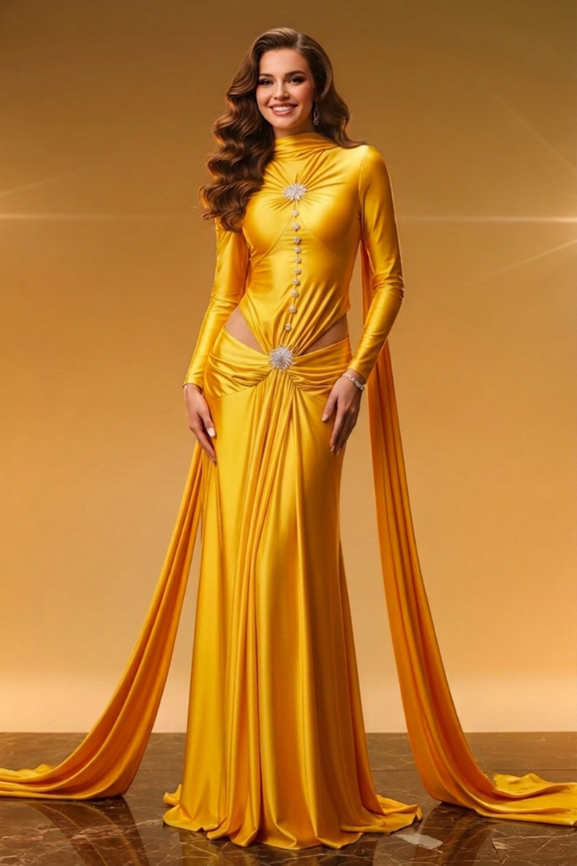 High-Neck Long Sleeve Gown with Crystal Detail and Side Cutouts