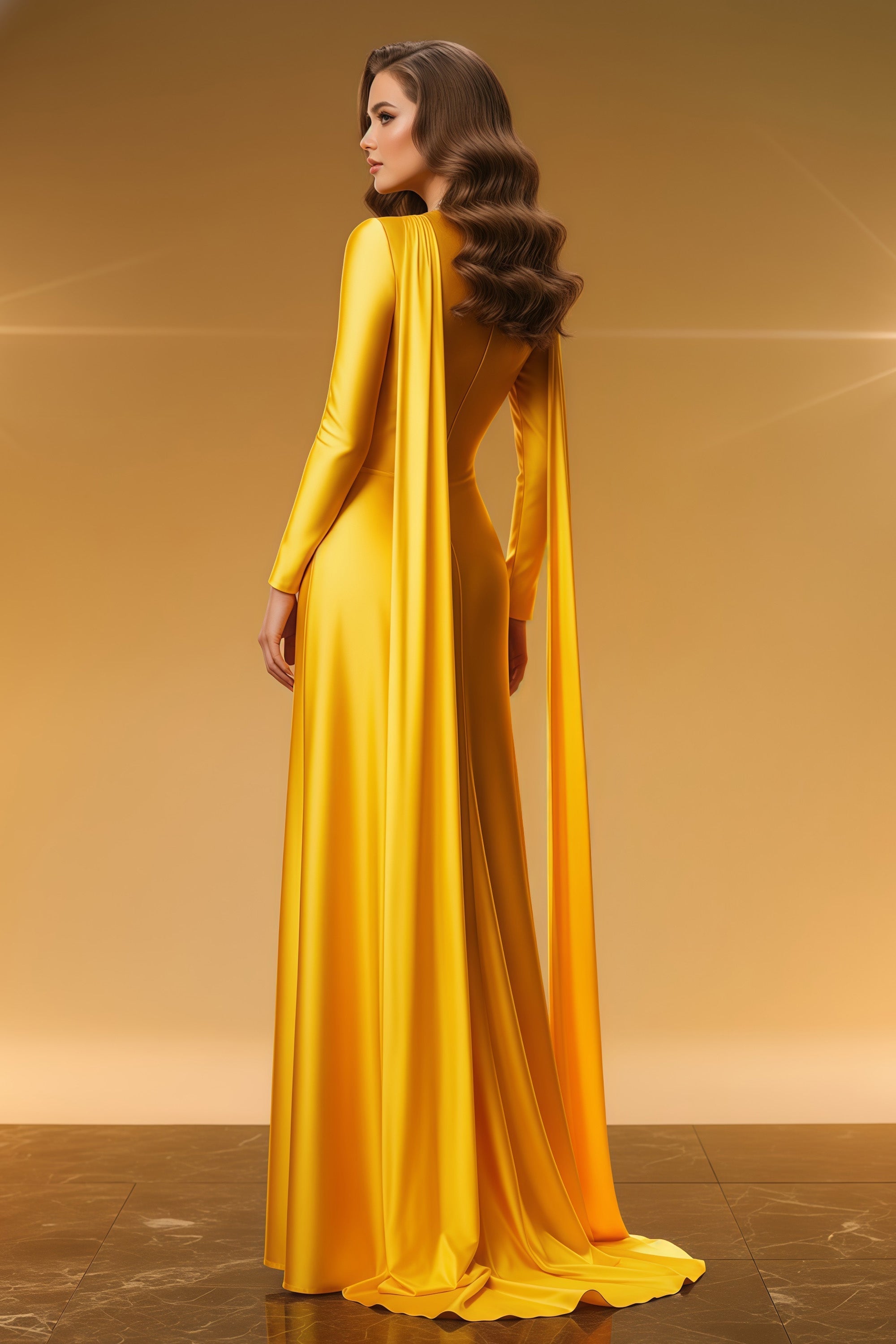 High-Neck Long Sleeve Gown with Crystal Detail and Side Cutouts