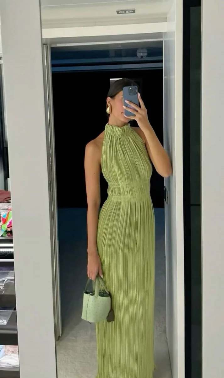 Sexy A line High Neck Sage Green Chiffon Prom Dresses Formal Summer Wedding Guest Dresses Wedding Guest Outfit - VelvetHem