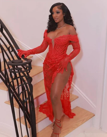 Sexy Lace Slit Mermaid Prom Dress Red Evening Dress - FashionDia