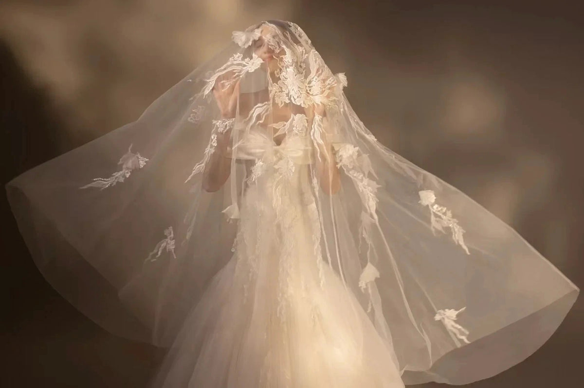 Gorgeous Long Ball Gown Off-the-Shoulder Satin & Tulle Wedding Dress with 3D Embroidery & Cathedral Train (ZD16909) - View 4 | VelvetHem