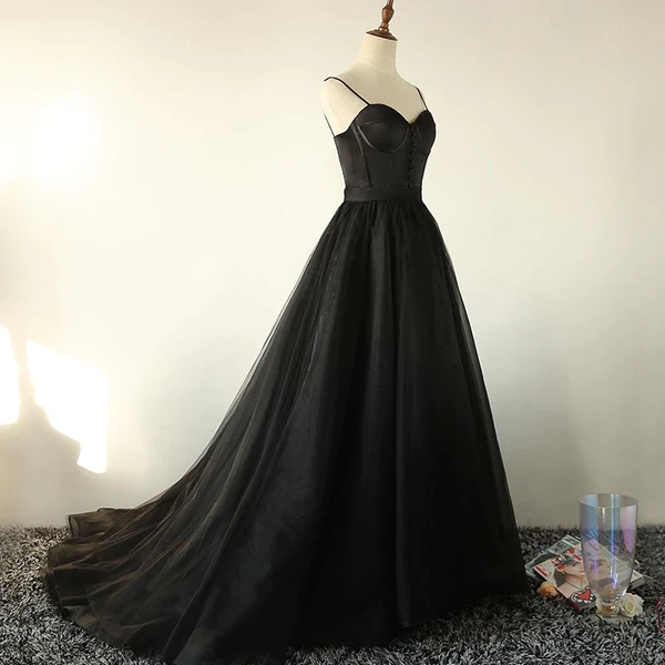 Ball Gown Spaghetti Straps Black Tulle Prom Dress Long Brush/Sweep Train Prom Dress - View 2 | FashionDia