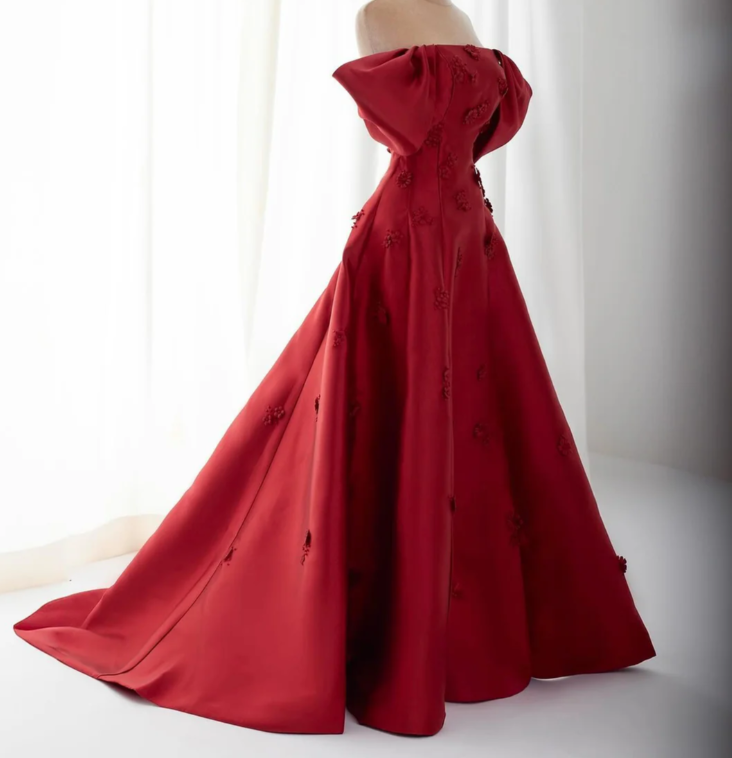 Burgundy Off-the-Shoulder Satin Appliques Evening Dress Classy Mermaid Party Dress - View 2 | FashionDia