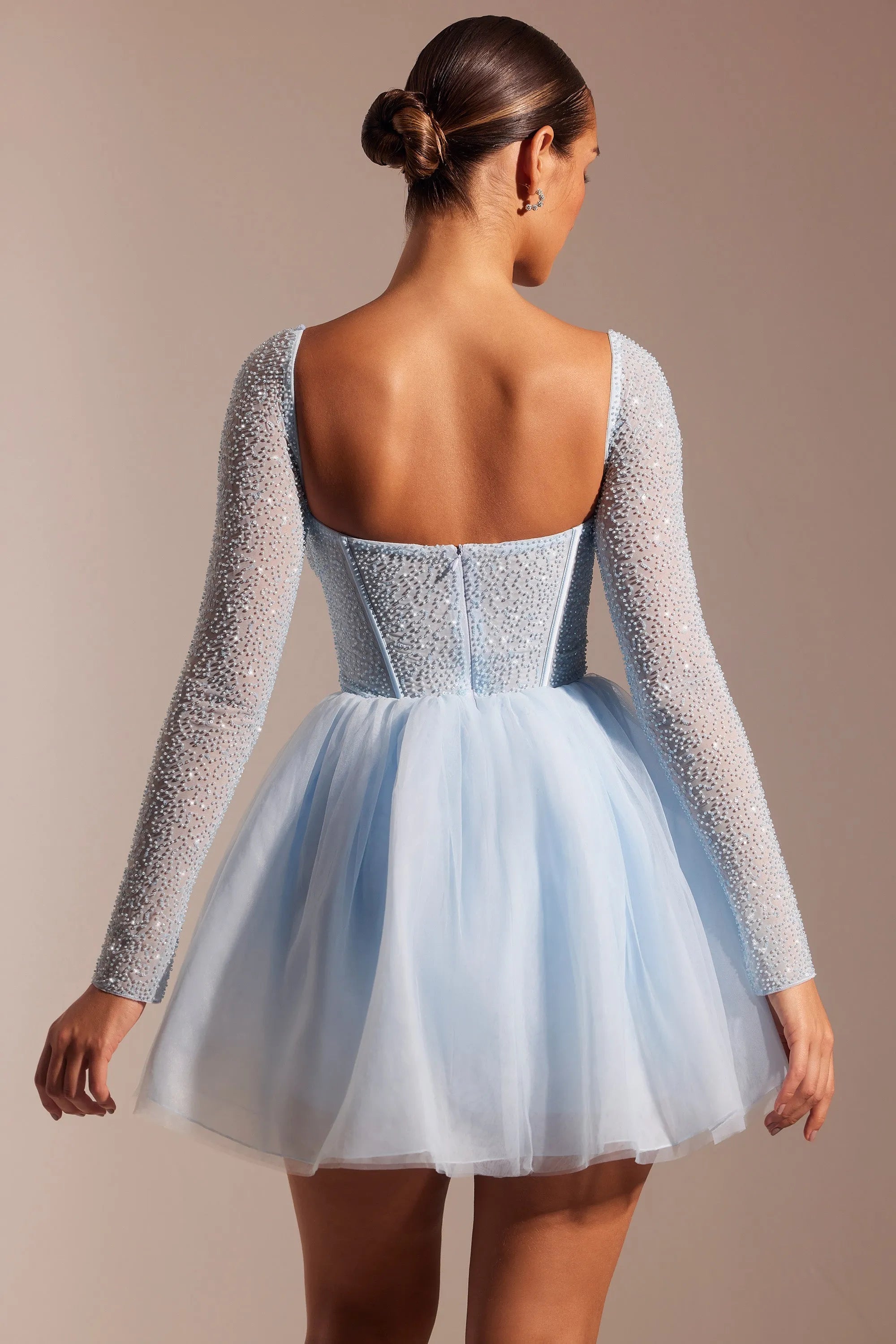 Sky Blue Tulle Prom Dresses Square Collar Above Knee Sequineds Pleat Ruched Homecoming Dresses vestidos de graduación