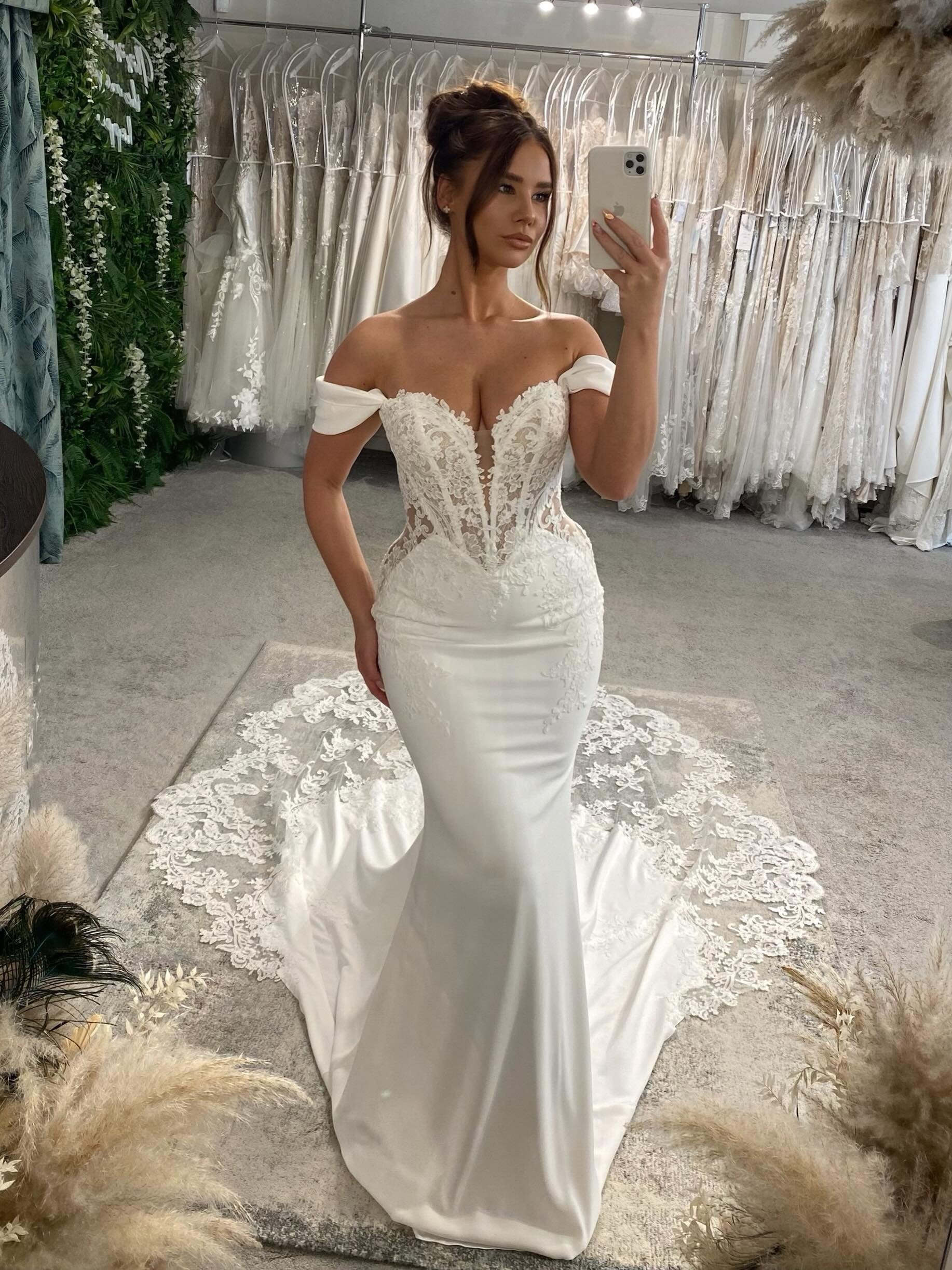 Off-Shoulder Lace Corset Mermaid Satin Wedding Dress With Illusion Button Back And Oversized Train