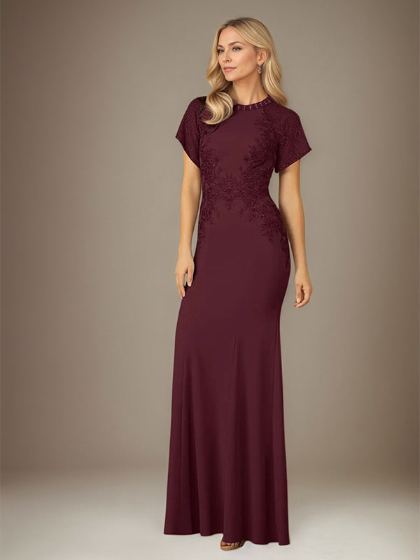 Cabernet Trumpet/Mermaid Stretch Crepe Scoop Neck Flutter Sleeve Floor Length Dress