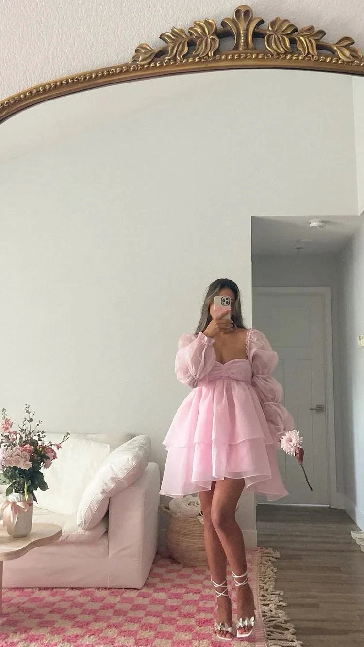 Pink A-line Puffy Dress Pink Homecoming Dress Y2428 by simplepromdress