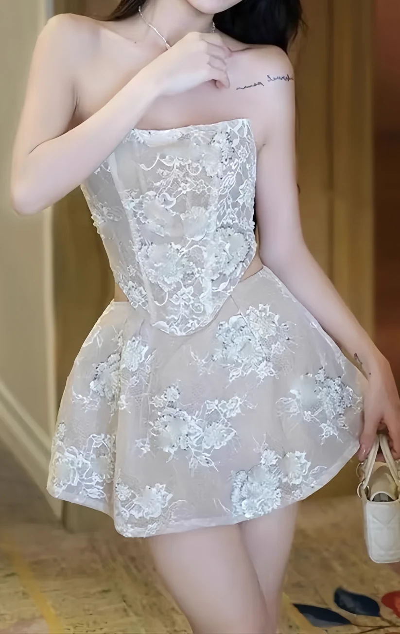 Elegant Strapless Lace Appliques Apricot White Short Birthday Party Dress Two Piece - FashionDia