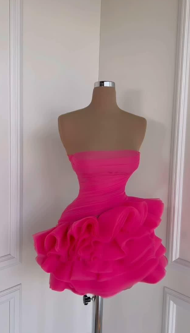 Hot Pink Strapless Sexy Pleated Sheath Cocktail Dress Short Party Dress Homecoming Dress - FashionDia