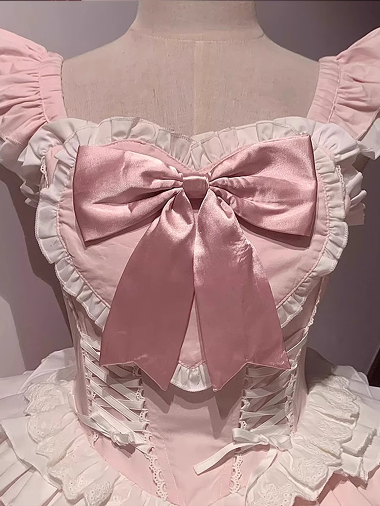 Cute Ball Gown Square Neckline Floral Lace Party Dresses Pink Birthday Outfits With Bowknots - View 2 | FashionDia