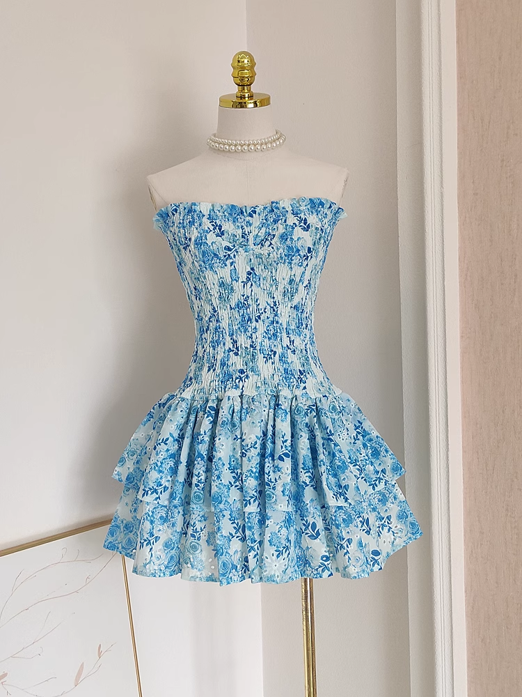 Cute A line Strapless Sleeveless Blue Floral Party Dress Short Birthday Outfits