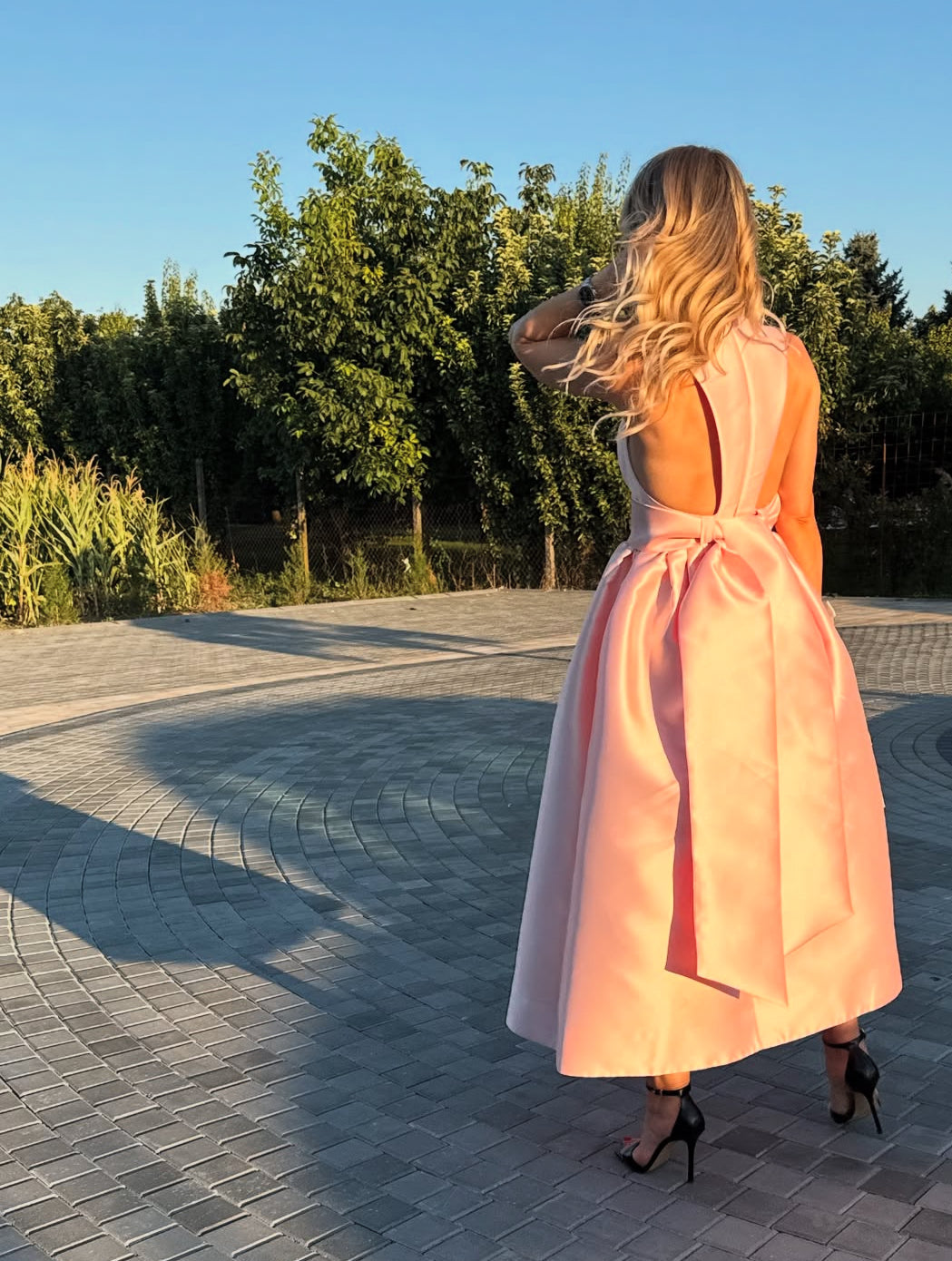 V-Neck Pink A-Line Satin Prom Dress Wedding Guest Dress
