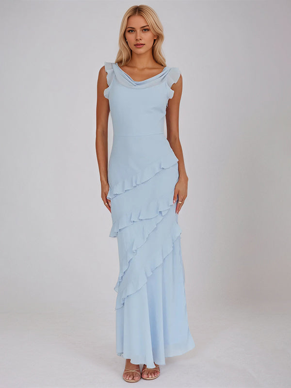 Blue Chiffon Sheath/Column Cowl Neck Sleeveless Floor Length Bridesmaid Dresses