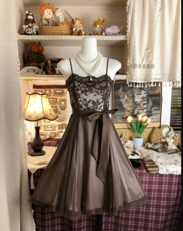 Vintage Satin Lace A Line Brown Homecoming Dress