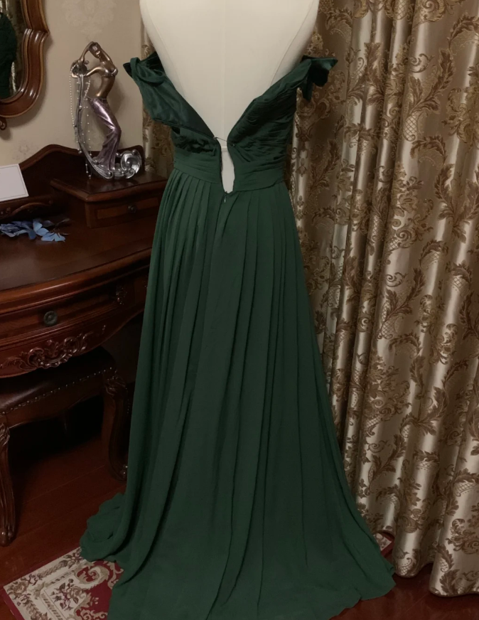 Vintage Green Off-the-Shoulder Satin Pleated Long Wedding Guest Dress Party Dress Prom Gown - View 7 | FashionDia