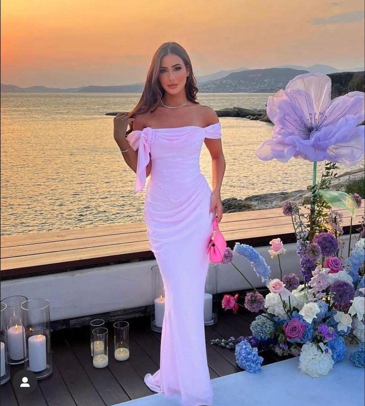 Elegant Pink Off The Shoulder Sheath Long Prom Dress Evening Dress
