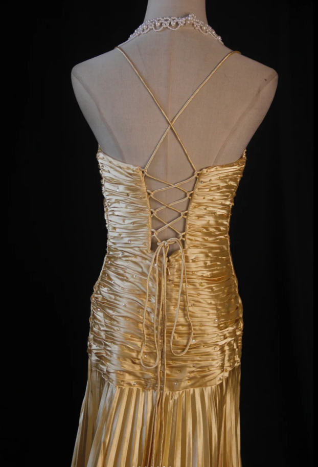 Stylish Spaghetti Straps Gold V-Neck Satin Pleated Beaded Long Party Dress Formal Wedding Guest Dress - View 5 | FashionDia