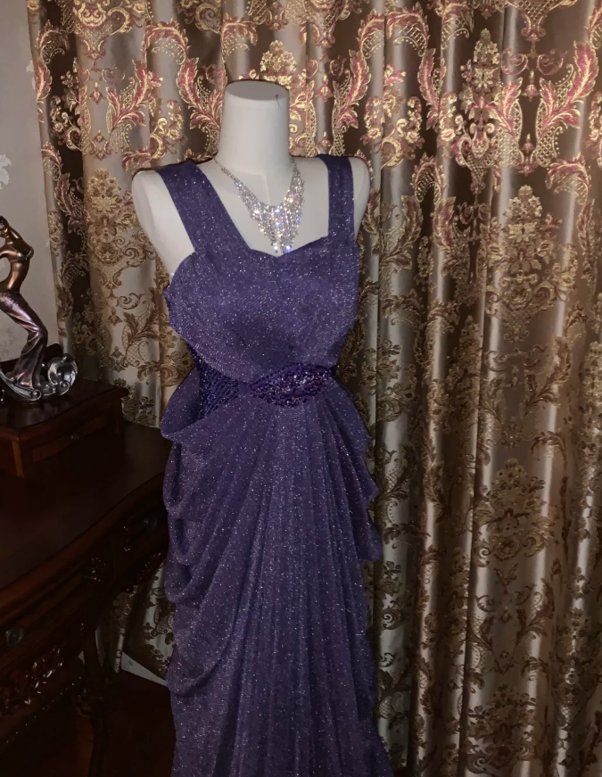 Sparkly Purple Tulle Sequin Beaded Pleated Mermaid Evening Dress Long Birthday Prom Gown - View 7 | FashionDia