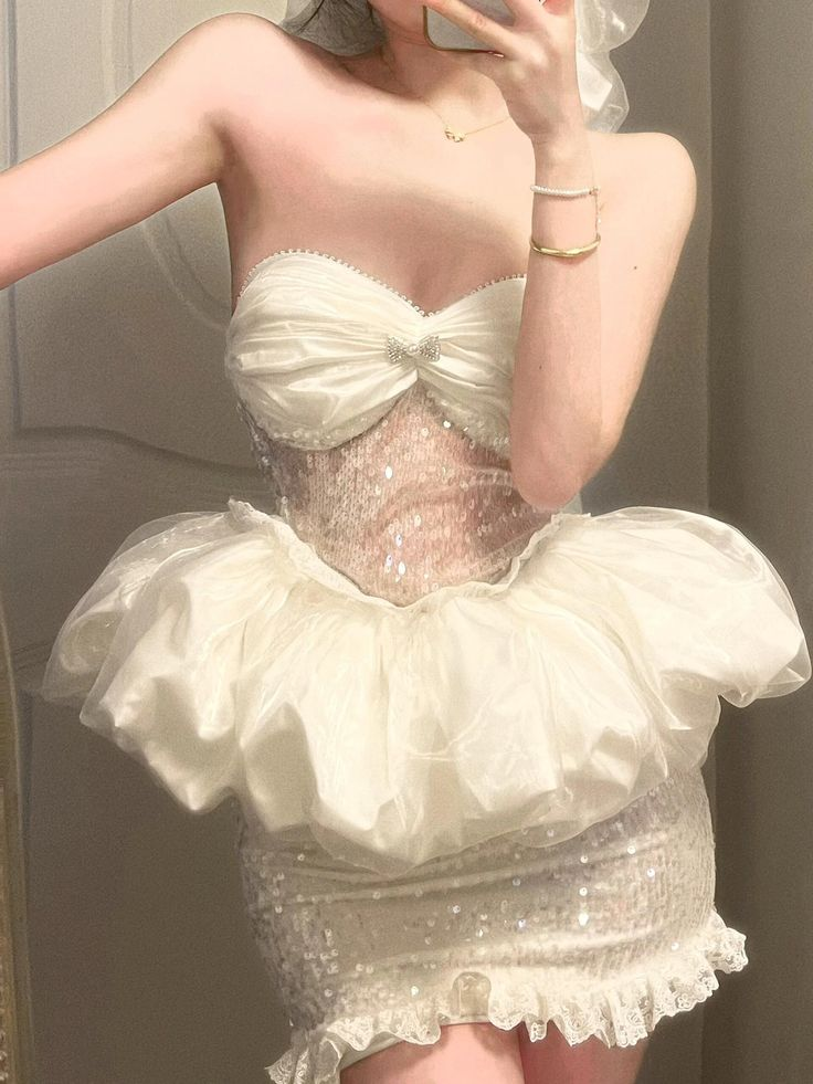 Classy Strapless Tulle Sequin White Sheath Short Prom Dress 16th Birthday Outfits - FashionDia