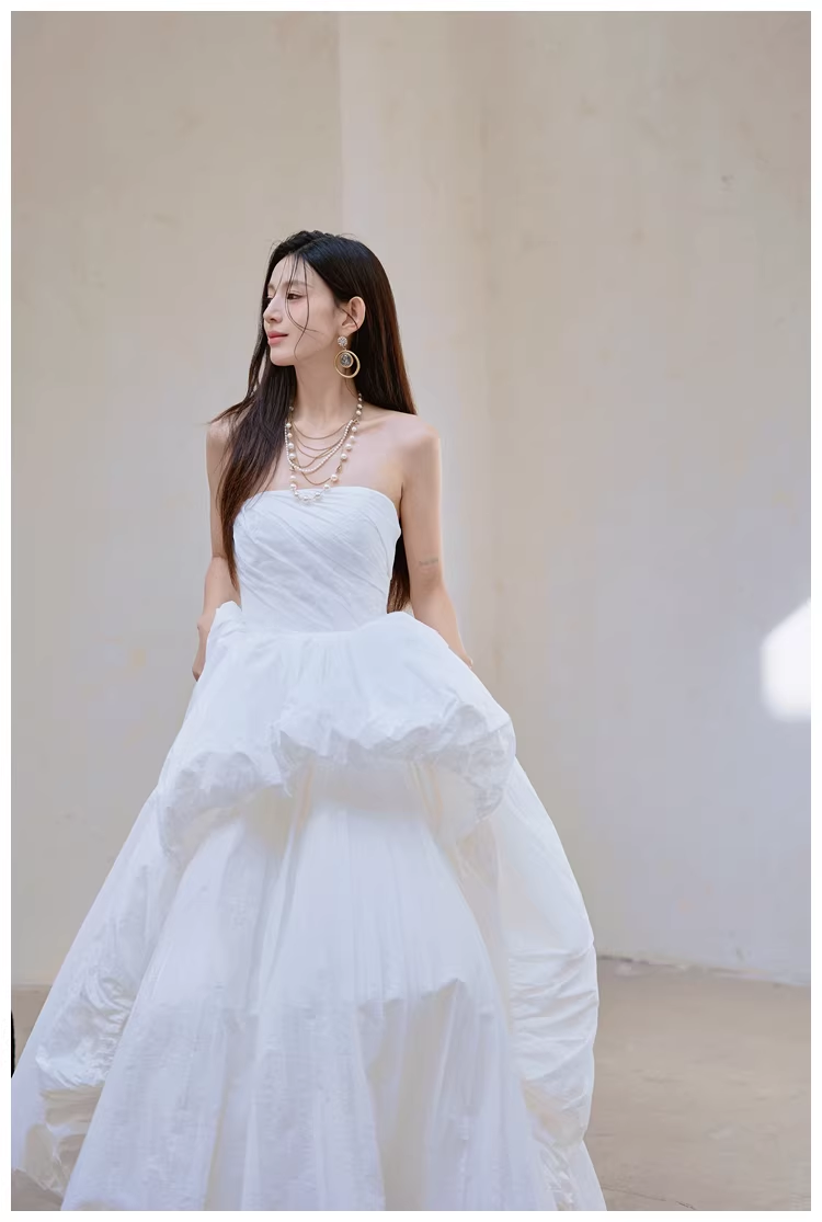 Charming Strapless White Satin Pleated Puff Birthday Party Dress Formal Prom Dresses - View 6 | FashionDia