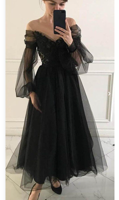 Elegant Black Off-shoulder Tulle Lace Top A-Line Ankle-length Prom Dress - FashionDia