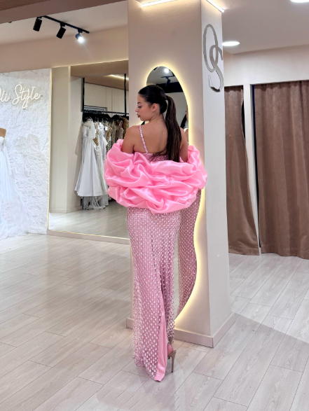 Gorgeous Spaghetti Straps Pink Sequin Beaded Mermaid Evening Dress Long Party Dress - View 8 | FashionDia